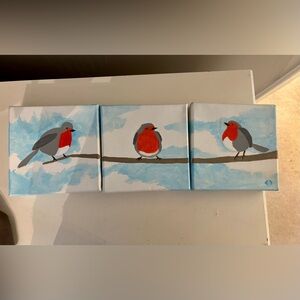 Trio of Birds Canvas Art in Red and Gray by Canadian Artist, Handpainted.